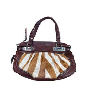 B. Makowsky Zebra Leather Shoulder Handbag Red/Brown Womens Bag SKU 9182